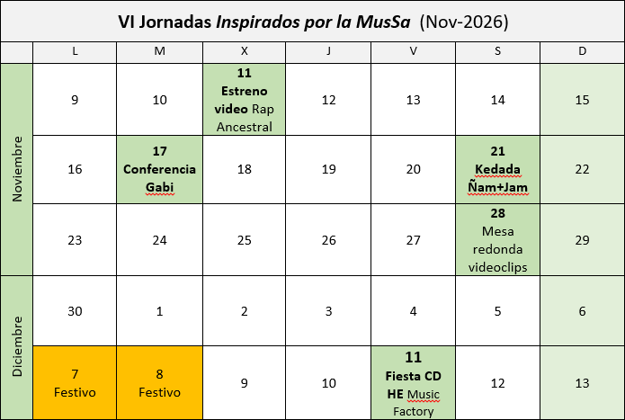 Calendario de actividades VI Jornadas Inspirados por la MusSa: